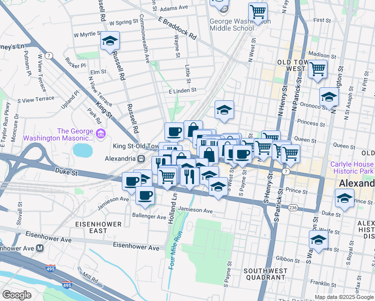map of restaurants, bars, coffee shops, grocery stores, and more near 1737 King Street in Alexandria
