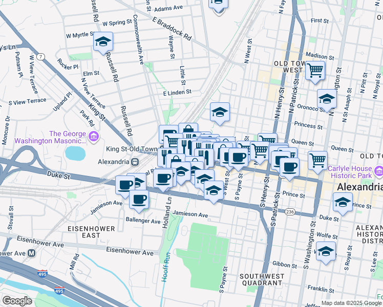 map of restaurants, bars, coffee shops, grocery stores, and more near 1711 King Street in Alexandria