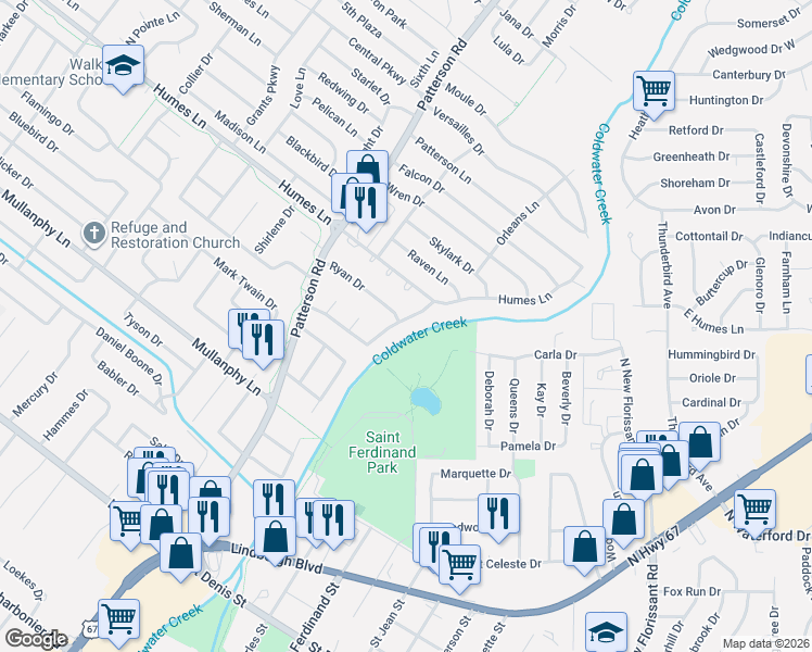 map of restaurants, bars, coffee shops, grocery stores, and more near 1910 Apple Blossom Court in Florissant