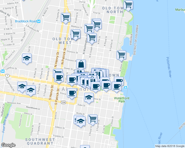 map of restaurants, bars, coffee shops, grocery stores, and more near 500 Queen Street in Alexandria