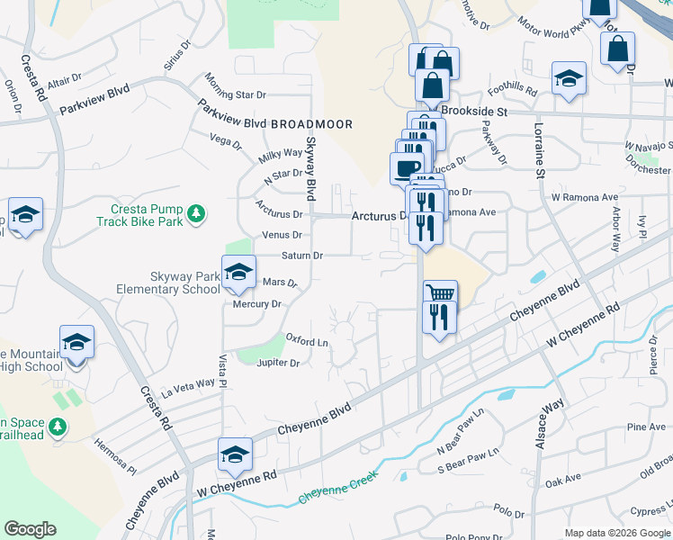 map of restaurants, bars, coffee shops, grocery stores, and more near 935 Saturn Drive in Colorado Springs