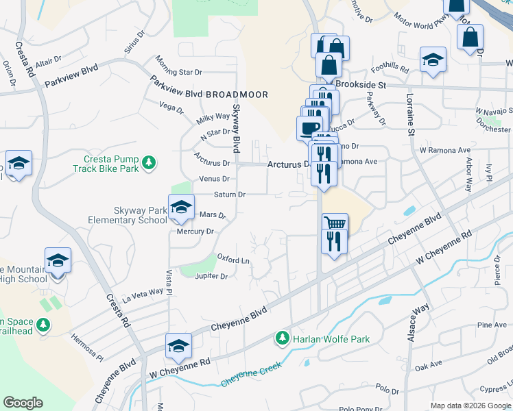map of restaurants, bars, coffee shops, grocery stores, and more near 939 Skyway Boulevard in Colorado Springs