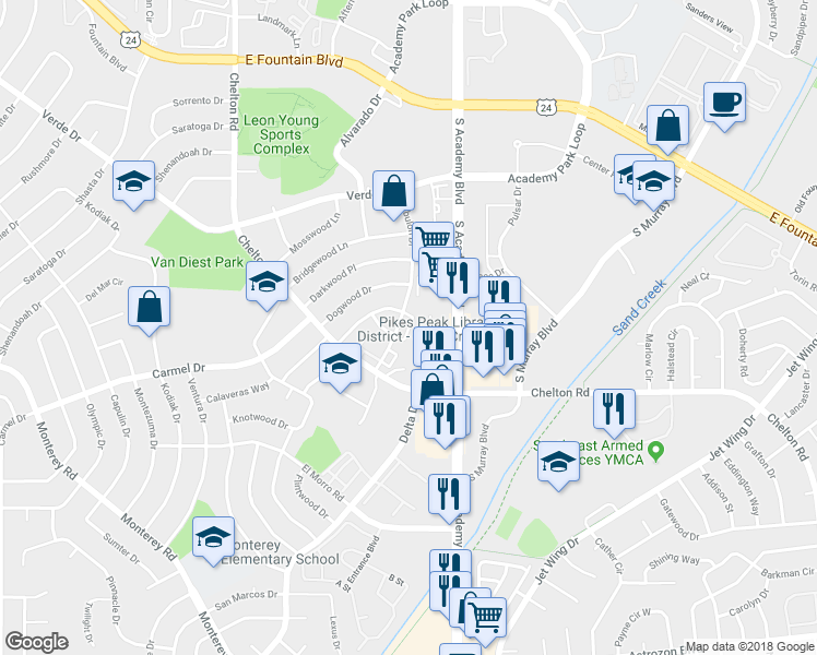 map of restaurants, bars, coffee shops, grocery stores, and more near 1815 Zebulon Drive in Colorado Springs