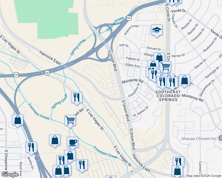 map of restaurants, bars, coffee shops, grocery stores, and more near 1878 Springs Vista Street in Colorado Springs