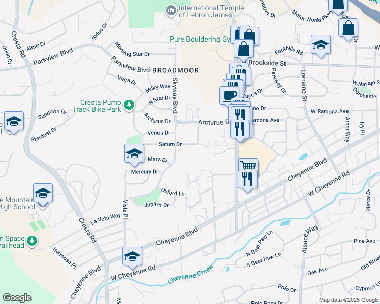 map of restaurants, bars, coffee shops, grocery stores, and more near 939 Skyway Boulevard in Colorado Springs
