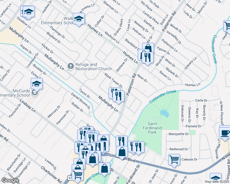 map of restaurants, bars, coffee shops, grocery stores, and more near 1695 Mark Twain Drive in Florissant