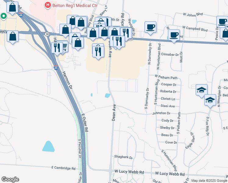 map of restaurants, bars, coffee shops, grocery stores, and more near Dean Avenue in Raymore