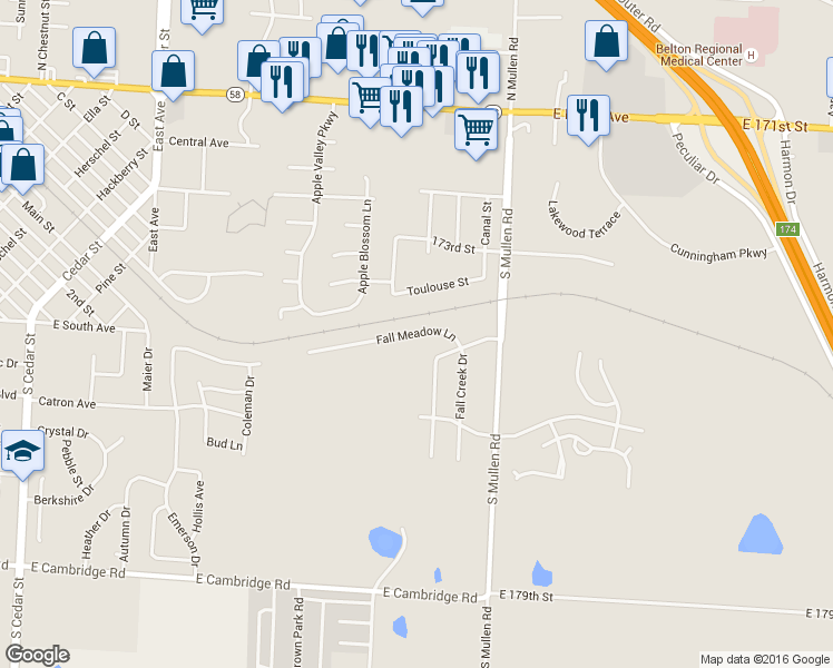map of restaurants, bars, coffee shops, grocery stores, and more near 908 Fall Meadow Lane in Belton