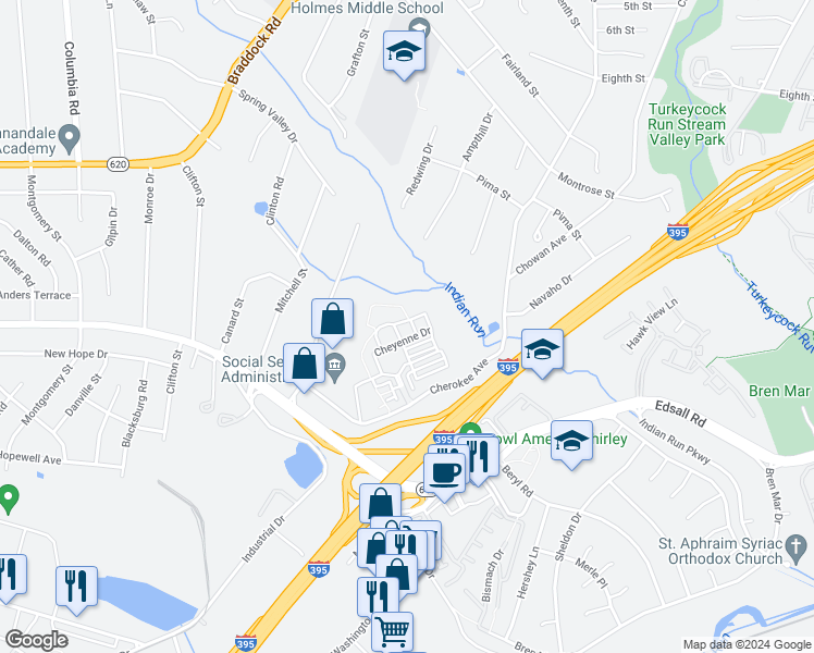 map of restaurants, bars, coffee shops, grocery stores, and more near 5302 Arapaho Lane in Alexandria