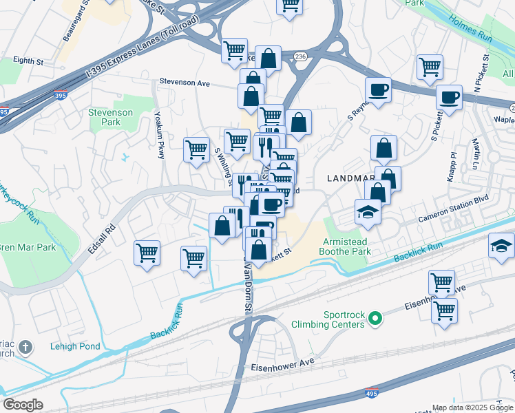 map of restaurants, bars, coffee shops, grocery stores, and more near South Van Dorn Street in Alexandria