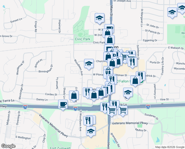 map of restaurants, bars, coffee shops, grocery stores, and more near 399 School Street in O'Fallon