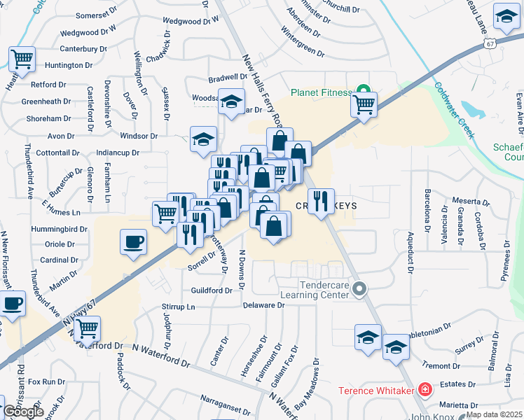 map of restaurants, bars, coffee shops, grocery stores, and more near 13987 New Halls Ferry Road in Florissant