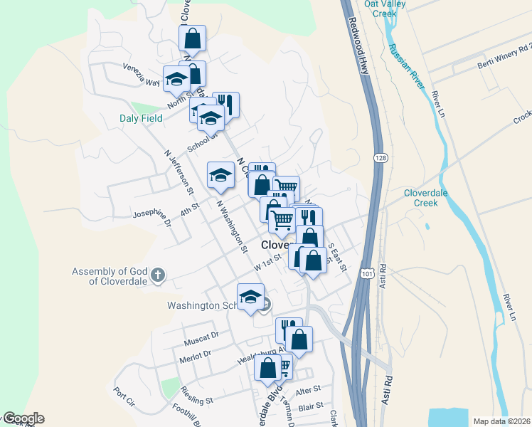 map of restaurants, bars, coffee shops, grocery stores, and more near 219 North Cloverdale Boulevard in Cloverdale