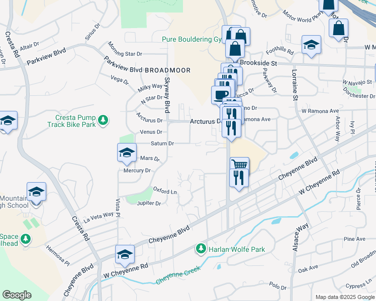 map of restaurants, bars, coffee shops, grocery stores, and more near 900 Saturn Drive in Colorado Springs