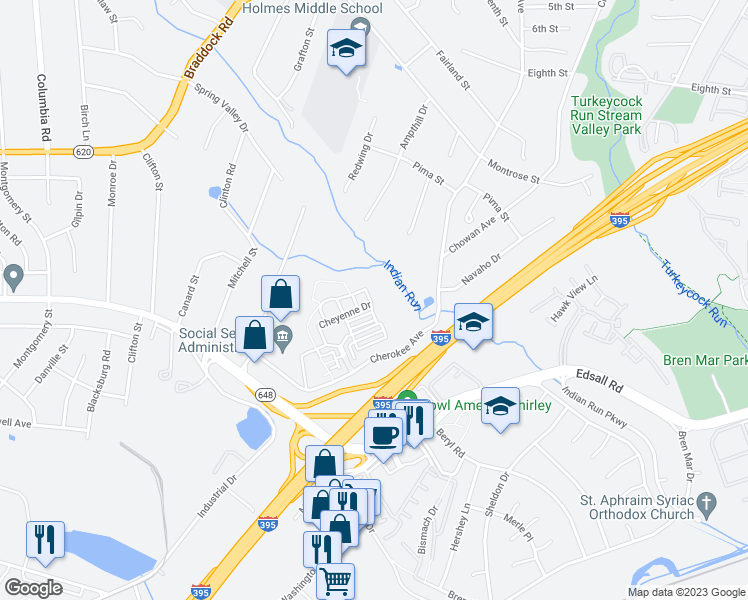map of restaurants, bars, coffee shops, grocery stores, and more near 5418 Chieftain Circle in Alexandria