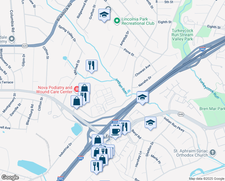 map of restaurants, bars, coffee shops, grocery stores, and more near 5418 Chieftain Circle in Alexandria