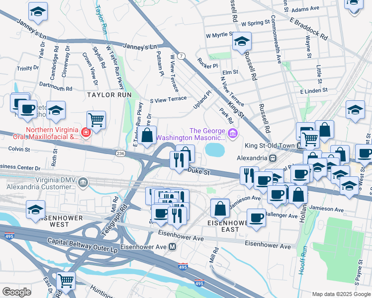 map of restaurants, bars, coffee shops, grocery stores, and more near 102 Shooters Court in Alexandria