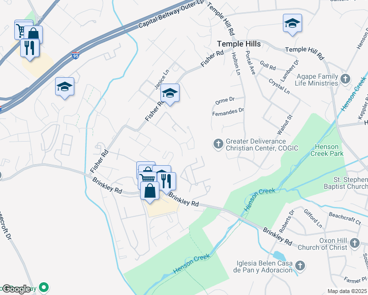 map of restaurants, bars, coffee shops, grocery stores, and more near 6044 Saint Moritz Drive in Temple Hills