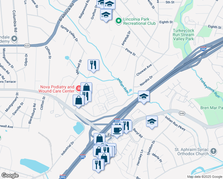 map of restaurants, bars, coffee shops, grocery stores, and more near 5421 Chieftain Circle in Alexandria