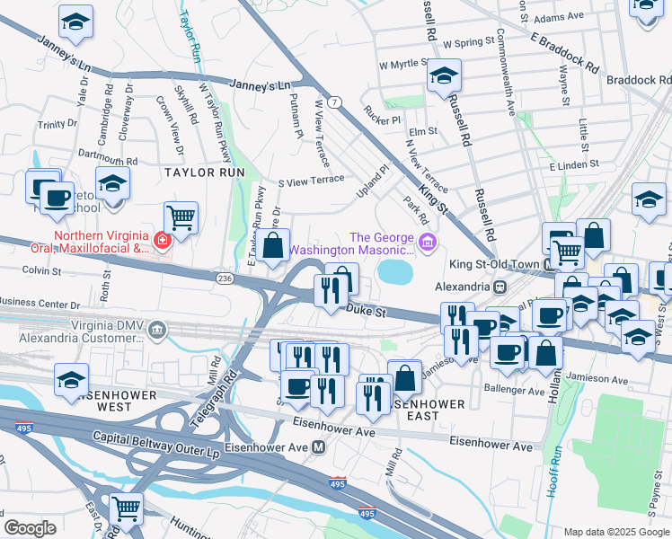 map of restaurants, bars, coffee shops, grocery stores, and more near 128 Roberts Lane in Alexandria