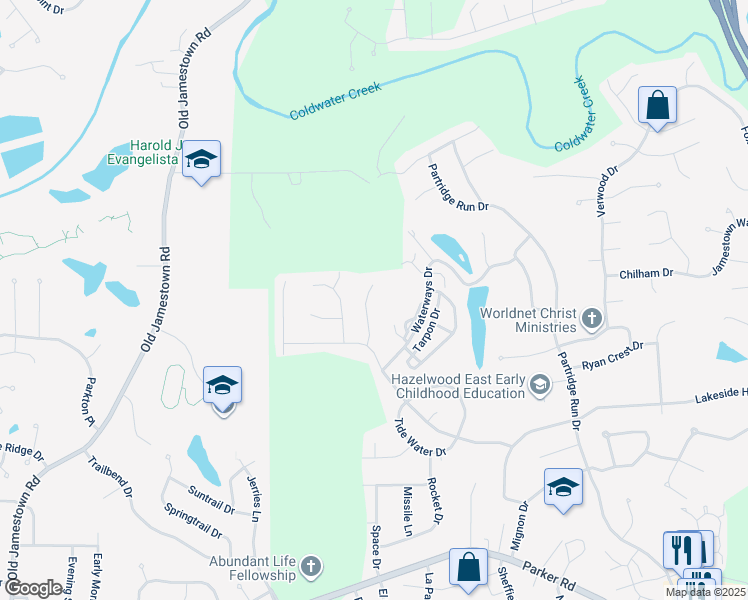 map of restaurants, bars, coffee shops, grocery stores, and more near 12720 Needle Point Court in Florissant
