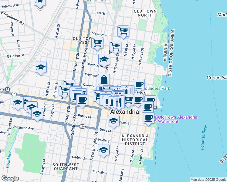 map of restaurants, bars, coffee shops, grocery stores, and more near 520 Queen Street in Alexandria