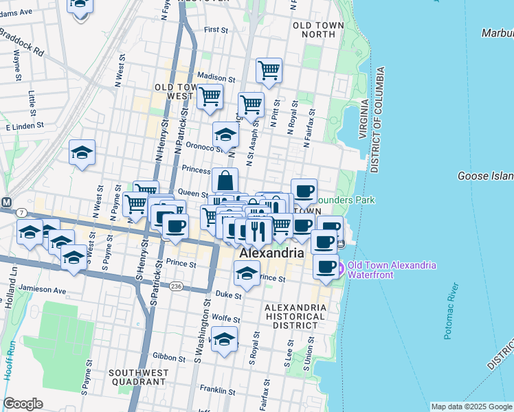 map of restaurants, bars, coffee shops, grocery stores, and more near 500 Queen Street in Alexandria