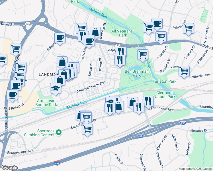 map of restaurants, bars, coffee shops, grocery stores, and more near 255 Medlock Lane in Alexandria