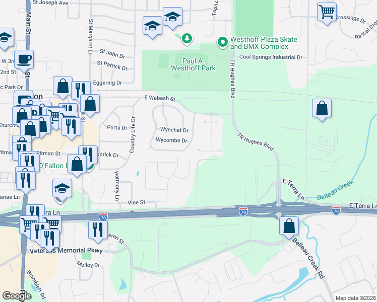 map of restaurants, bars, coffee shops, grocery stores, and more near 402 Orf Avenue in O'Fallon