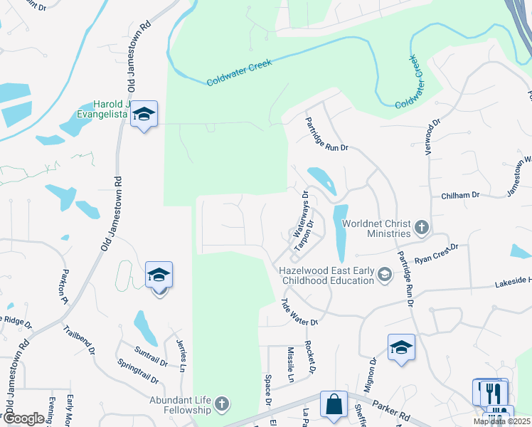 map of restaurants, bars, coffee shops, grocery stores, and more near 12720 Needle Point Court in Florissant