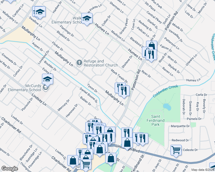 map of restaurants, bars, coffee shops, grocery stores, and more near 740 Mullanphy Road in Florissant