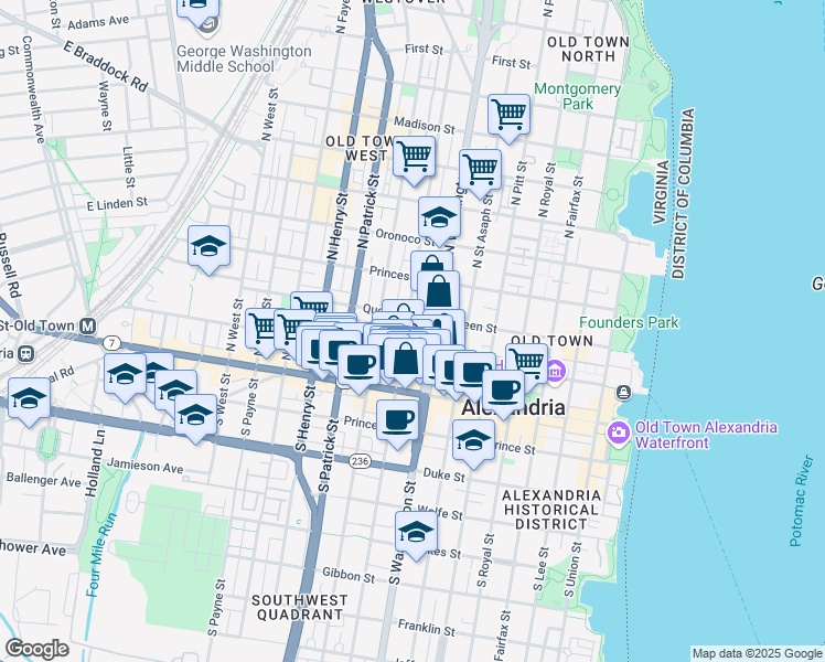 map of restaurants, bars, coffee shops, grocery stores, and more near 219 North Columbus Street in Alexandria