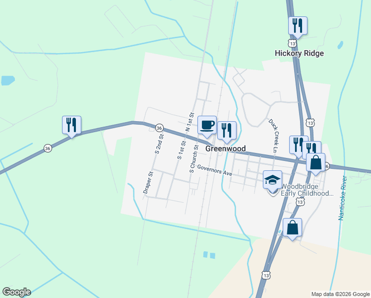 map of restaurants, bars, coffee shops, grocery stores, and more near 105A South 1st Street in Greenwood
