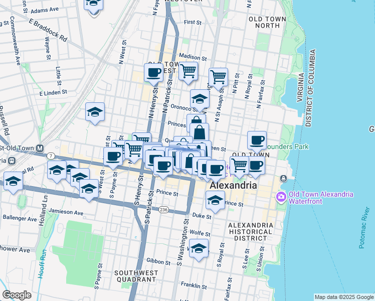 map of restaurants, bars, coffee shops, grocery stores, and more near 219 North Columbus Street in Alexandria