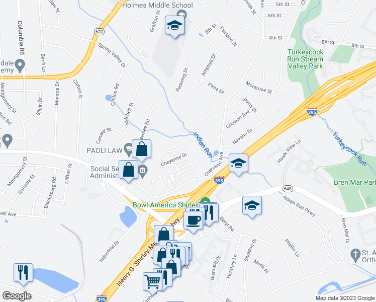 map of restaurants, bars, coffee shops, grocery stores, and more near 5420 Chieftain Circle in Alexandria