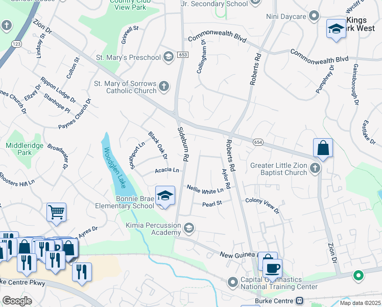 map of restaurants, bars, coffee shops, grocery stores, and more near 5353 Sideburn Road in Fairfax