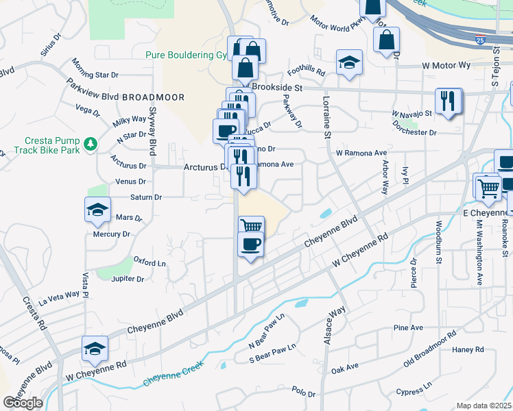 map of restaurants, bars, coffee shops, grocery stores, and more near 1769 South 8th Street in Colorado Springs