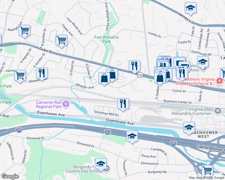 map of restaurants, bars, coffee shops, grocery stores, and more near 3640 Wheeler Avenue in Alexandria