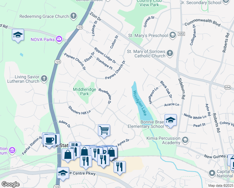 map of restaurants, bars, coffee shops, grocery stores, and more near 10705 Deneale Place in Fairfax
