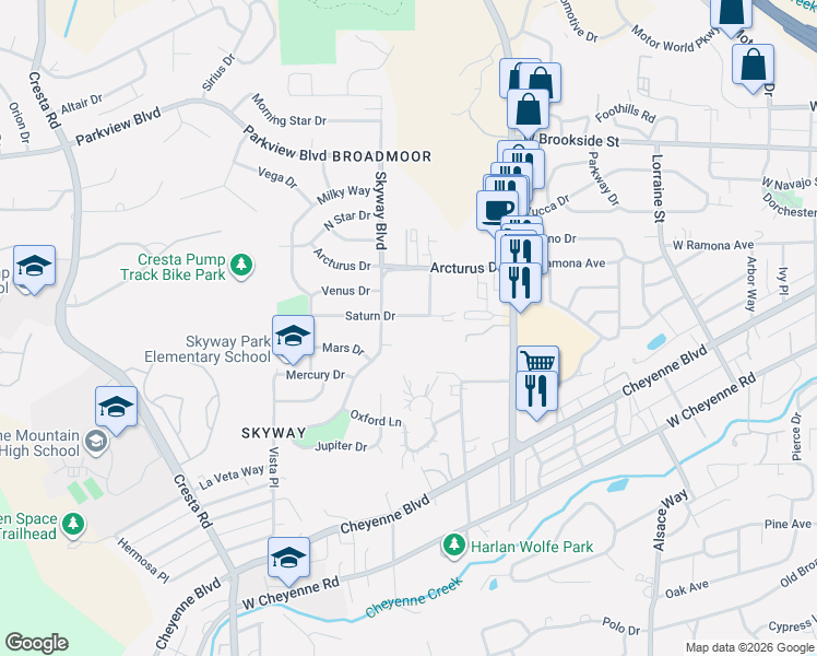 map of restaurants, bars, coffee shops, grocery stores, and more near 939 Skyway Boulevard in Colorado Springs