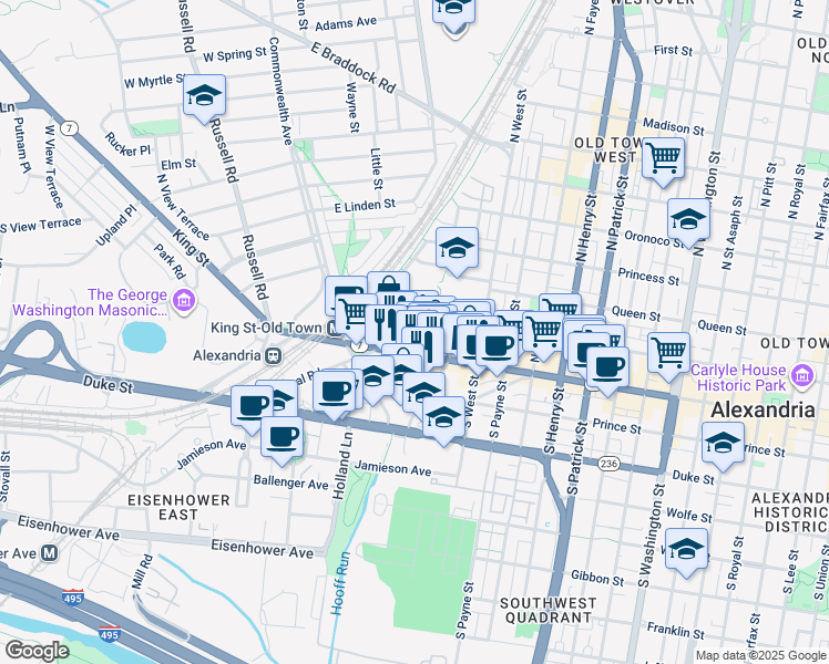 map of restaurants, bars, coffee shops, grocery stores, and more near 113 Harvard Street in Alexandria