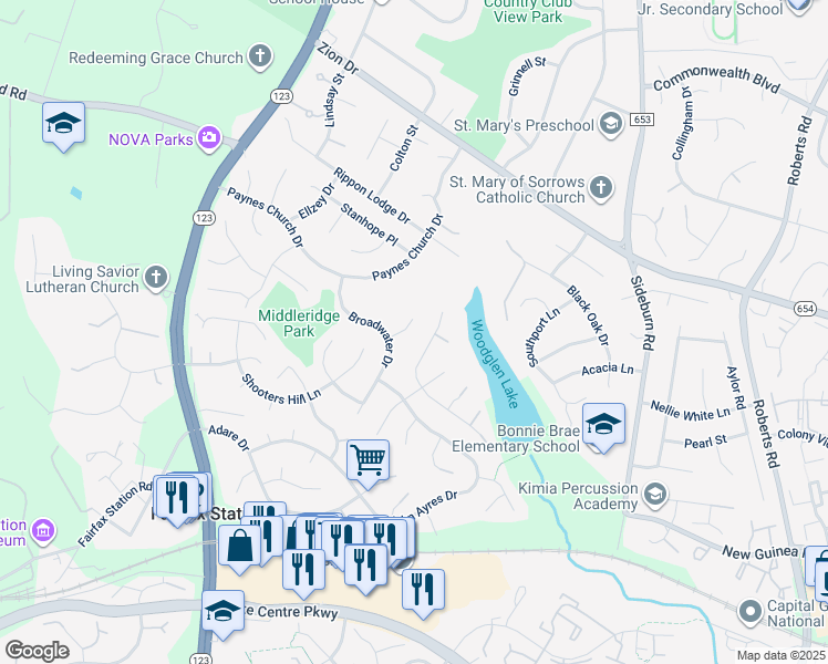 map of restaurants, bars, coffee shops, grocery stores, and more near 10705 Deneale Place in Fairfax