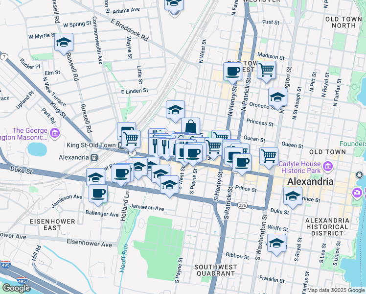 map of restaurants, bars, coffee shops, grocery stores, and more near 130 North West Street in Alexandria