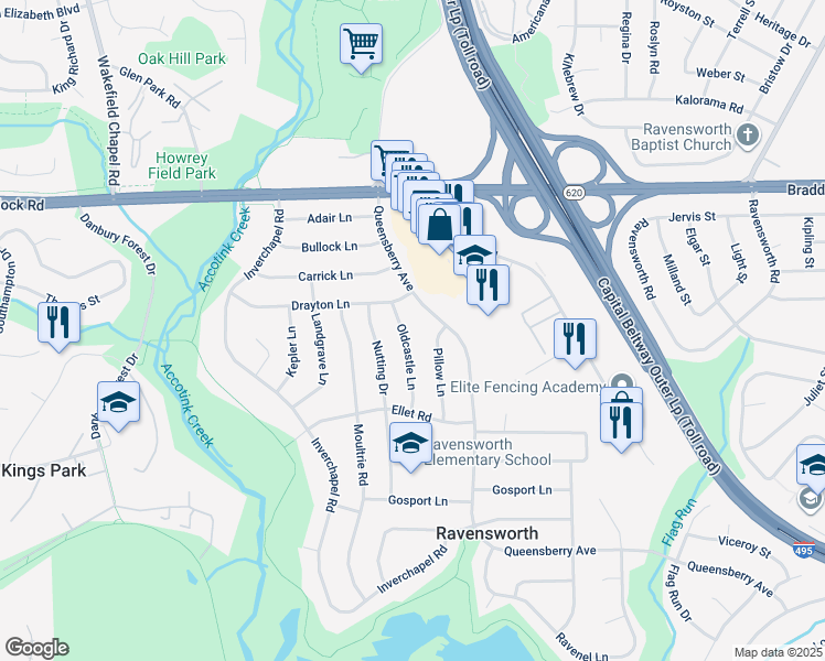 map of restaurants, bars, coffee shops, grocery stores, and more near 5231 Oldcastle Lane in Springfield