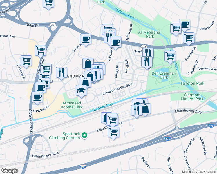 map of restaurants, bars, coffee shops, grocery stores, and more near 5160 California Lane in Alexandria