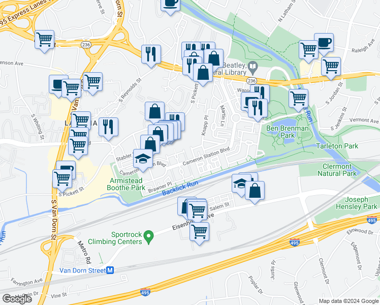 map of restaurants, bars, coffee shops, grocery stores, and more near 5160 California Lane in Alexandria
