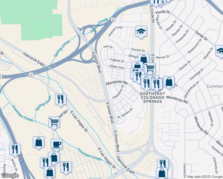 map of restaurants, bars, coffee shops, grocery stores, and more near 2225 Saint Paul Drive in Colorado Springs