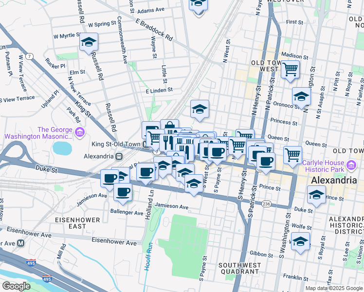 map of restaurants, bars, coffee shops, grocery stores, and more near 113 Harvard Street in Alexandria
