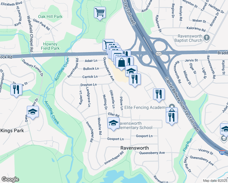 map of restaurants, bars, coffee shops, grocery stores, and more near 5231 Oldcastle Lane in Springfield