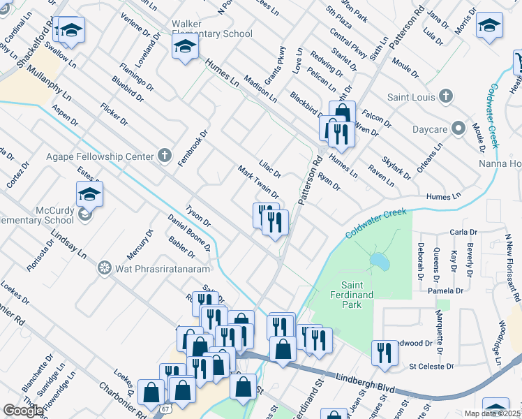 map of restaurants, bars, coffee shops, grocery stores, and more near 1665 Florissant Park Drive in Florissant